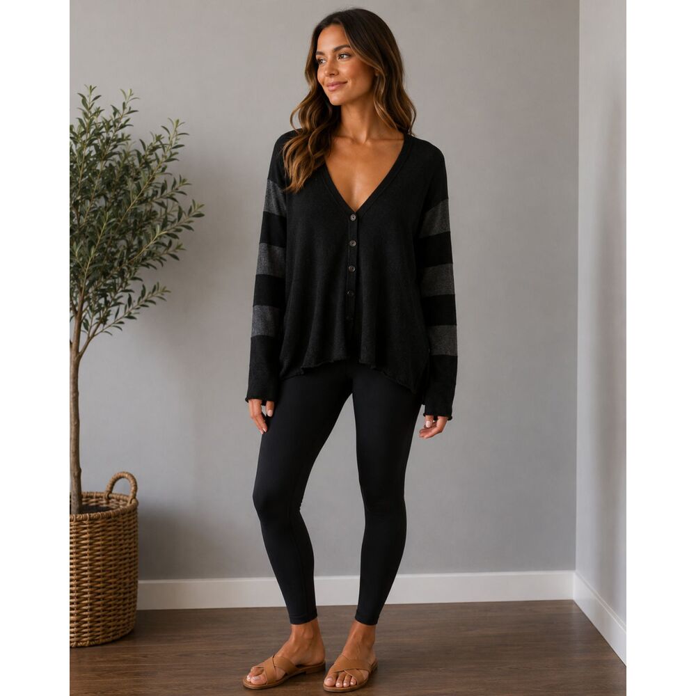 Eileen Fisher Gray Striped V-Neck Button Front Cardigan Sweater Women's Medium